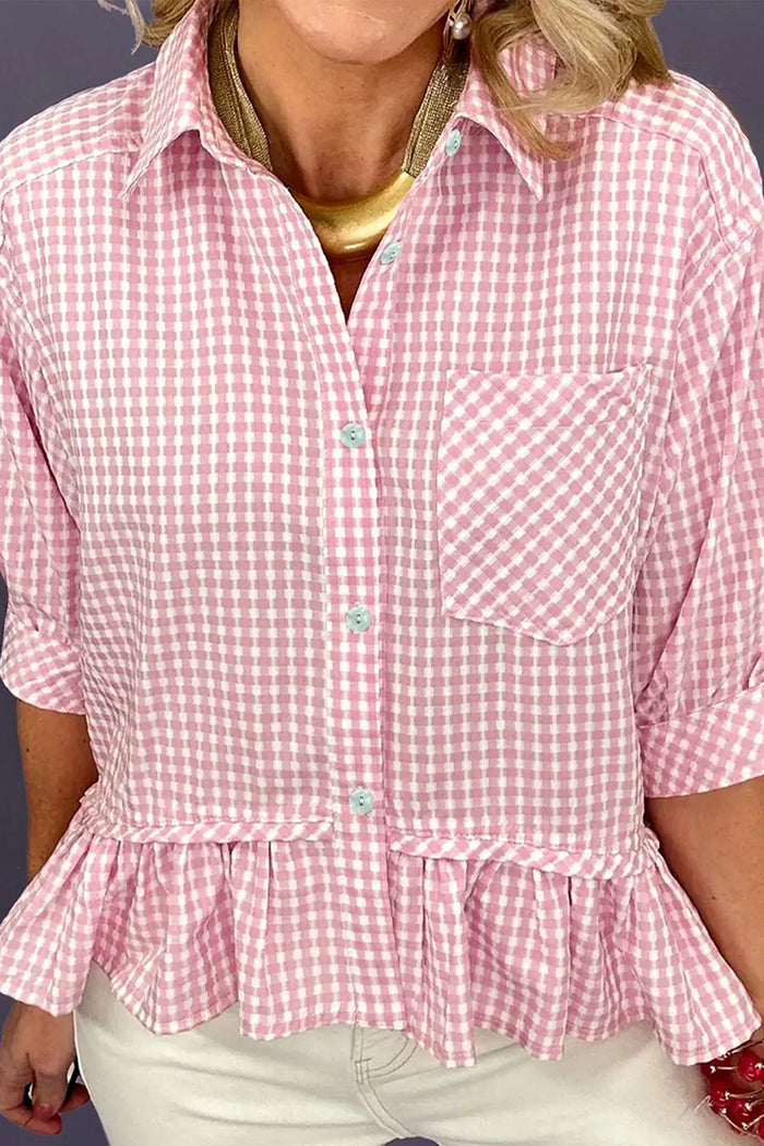Plaid Half Sleeve Ruffle Hem Button Down Shirt – Pink