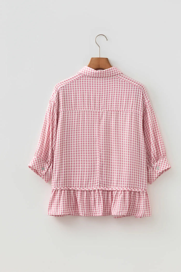 Plaid Half Sleeve Ruffle Hem Button Down Shirt – Pink