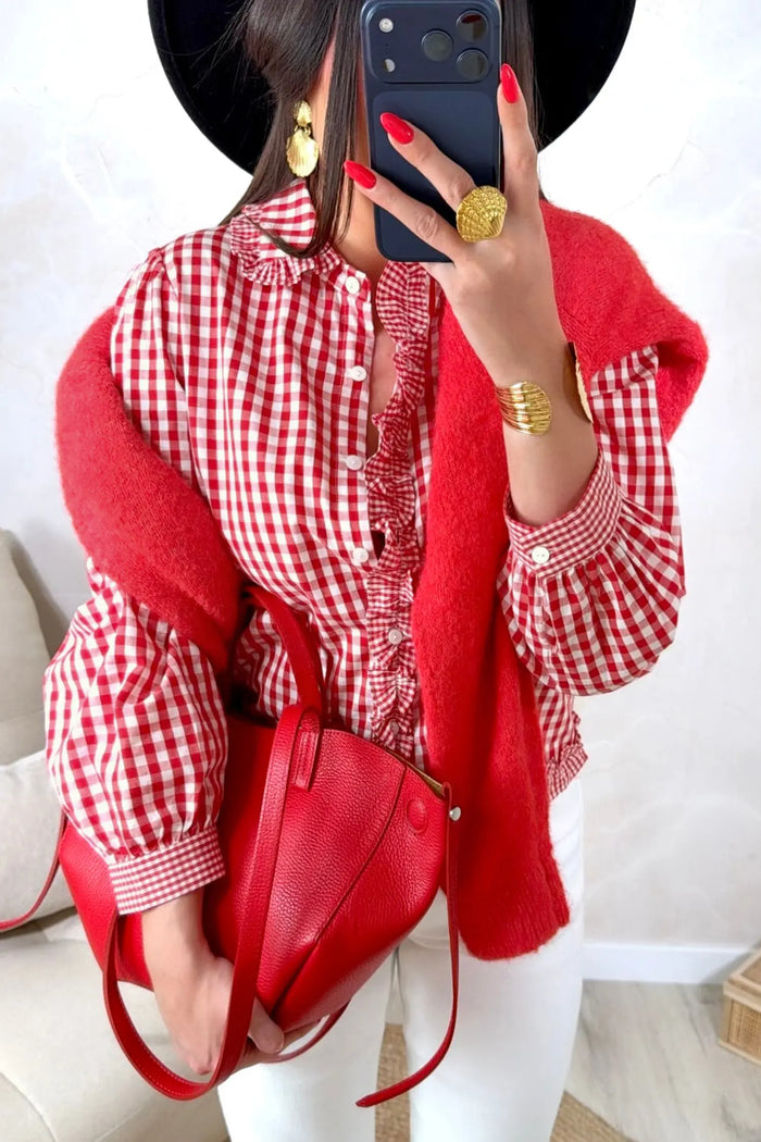 Plaid Long Sleeve Button Down Frill Detail Casual Shirt – Red