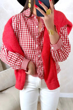 Plaid Long Sleeve Button Down Frill Detail Casual Shirt – Red