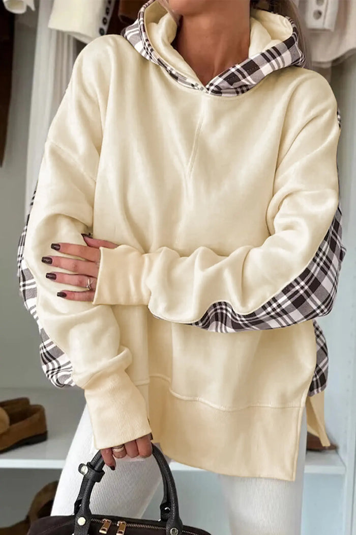 Plaid Patchwork Side Slit Sweatshirt - Beige / S - Tops/Sweatshirts & Hoodies