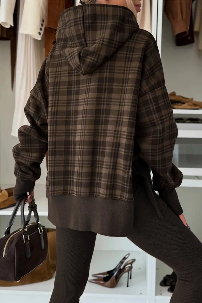 Plaid Patchwork Side Slit Sweatshirt - Tops/Sweatshirts & Hoodies