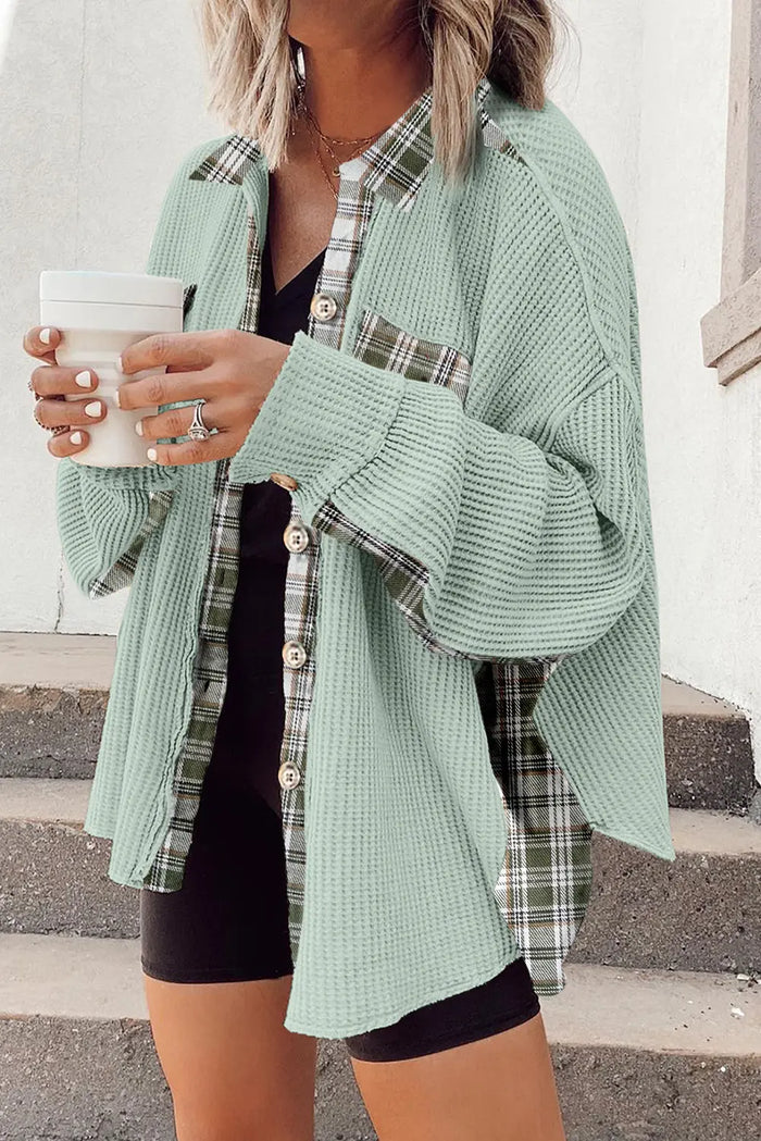 Plaid Patchwork Waffle Thermal Knit Shacket – Grass Green
