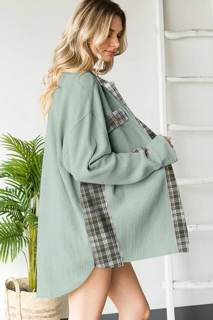 Plaid Patchwork Waffle Thermal Knit Shacket – Grass Green
