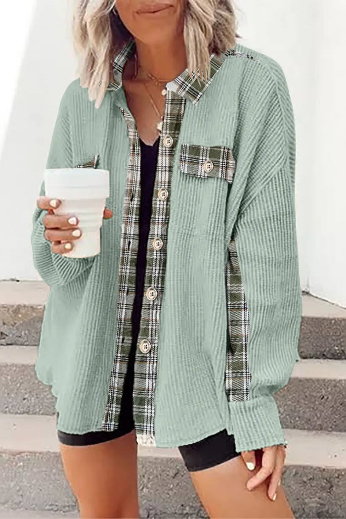 Plaid Patchwork Waffle Thermal Knit Shacket – Grass Green
