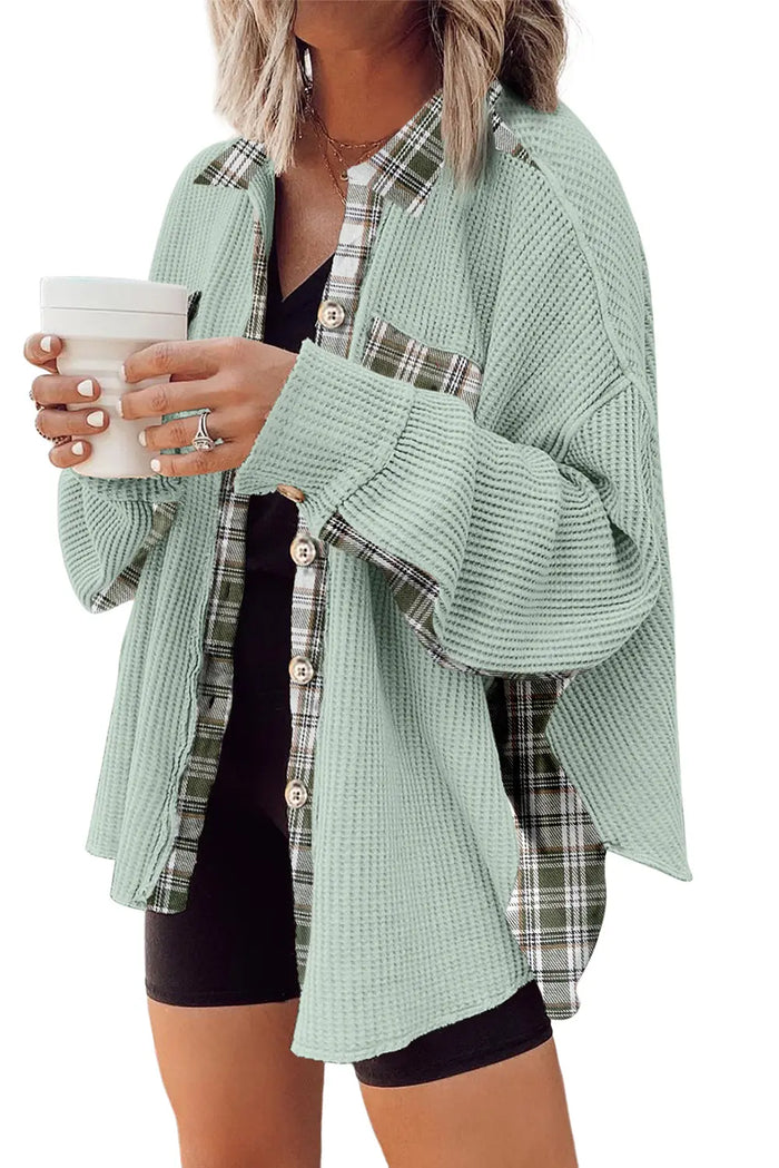 Plaid Patchwork Waffle Thermal Knit Shacket – Grass Green
