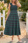 Plaid Ruffle Sleeveless Shirred Bodice Tiered Midi Dress – Green