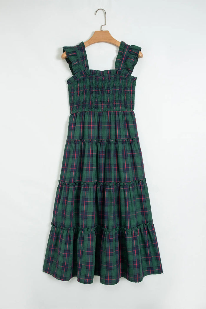 Plaid Ruffle Sleeveless Shirred Bodice Tiered Midi Dress – Green