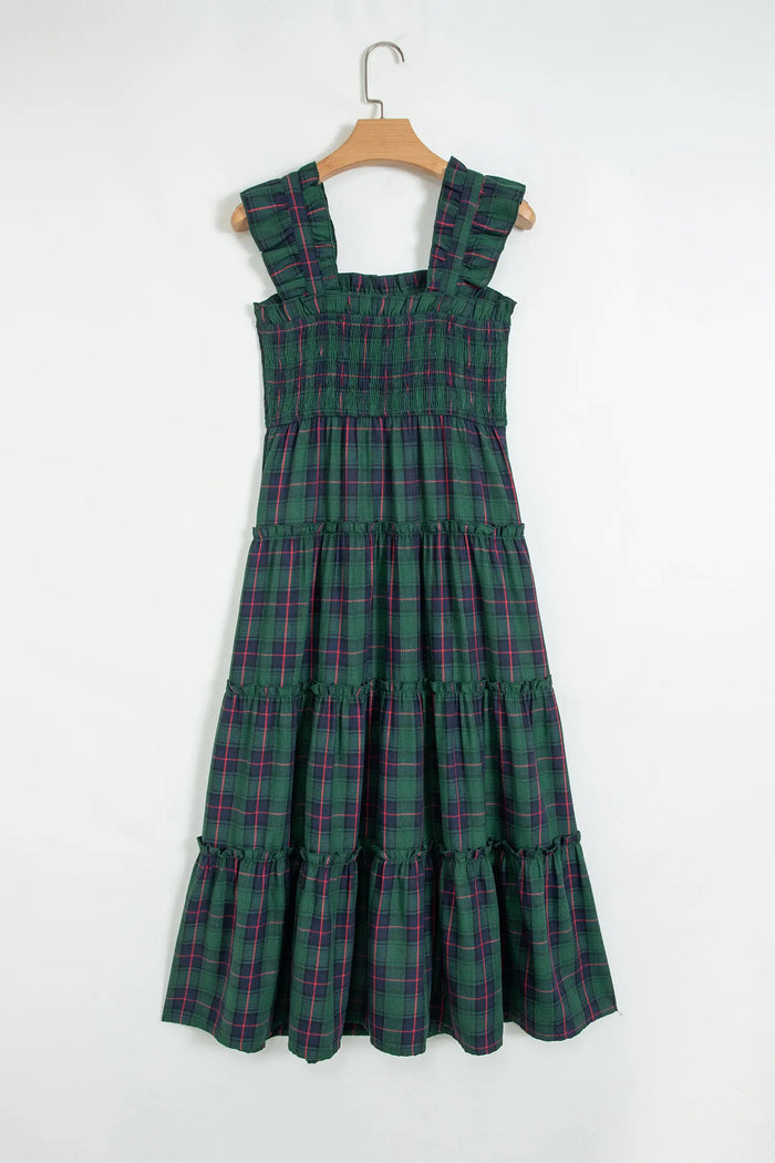 Plaid Ruffle Sleeveless Shirred Bodice Tiered Midi Dress – Green