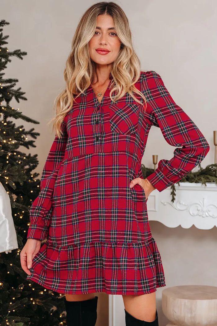 Plaid Shirt Collar Half Button Ruffle Hem Long Sleeve Mini Dress - Red / S - Dresses/Mini Dresses