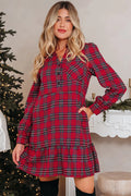 Plaid Shirt Collar Half Button Ruffle Hem Long Sleeve Mini Dress - Red / S - Dresses/Mini Dresses