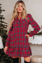 Plaid Shirt Collar Half Button Ruffle Hem Long Sleeve Mini Dress - Red / S - Dresses/Mini Dresses