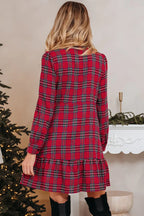 Plaid Shirt Collar Half Button Ruffle Hem Long Sleeve Mini Dress - Dresses/Mini Dresses