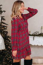 Plaid Shirt Collar Half Button Ruffle Hem Long Sleeve Mini Dress - Dresses/Mini Dresses