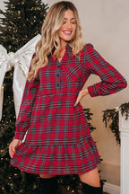 Plaid Shirt Collar Half Button Ruffle Hem Long Sleeve Mini Dress - Dresses/Mini Dresses