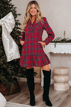Plaid Shirt Collar Half Button Ruffle Hem Long Sleeve Mini Dress - Dresses/Mini Dresses