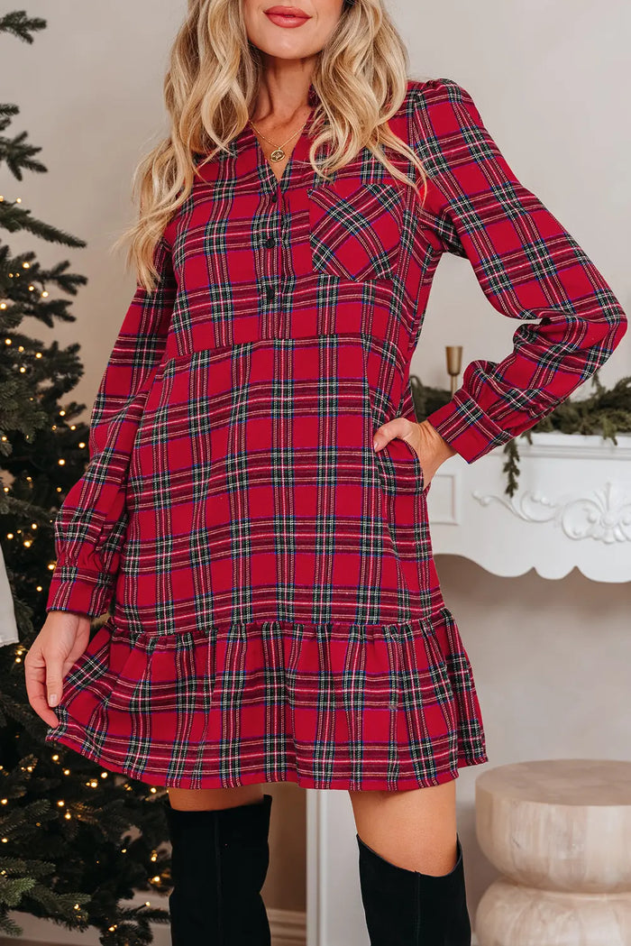 Plaid Shirt Collar Half Button Ruffle Hem Long Sleeve Mini Dress - Dresses/Mini Dresses