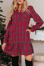 Plaid Shirt Collar Half Button Ruffle Hem Long Sleeve Mini Dress - Dresses/Mini Dresses