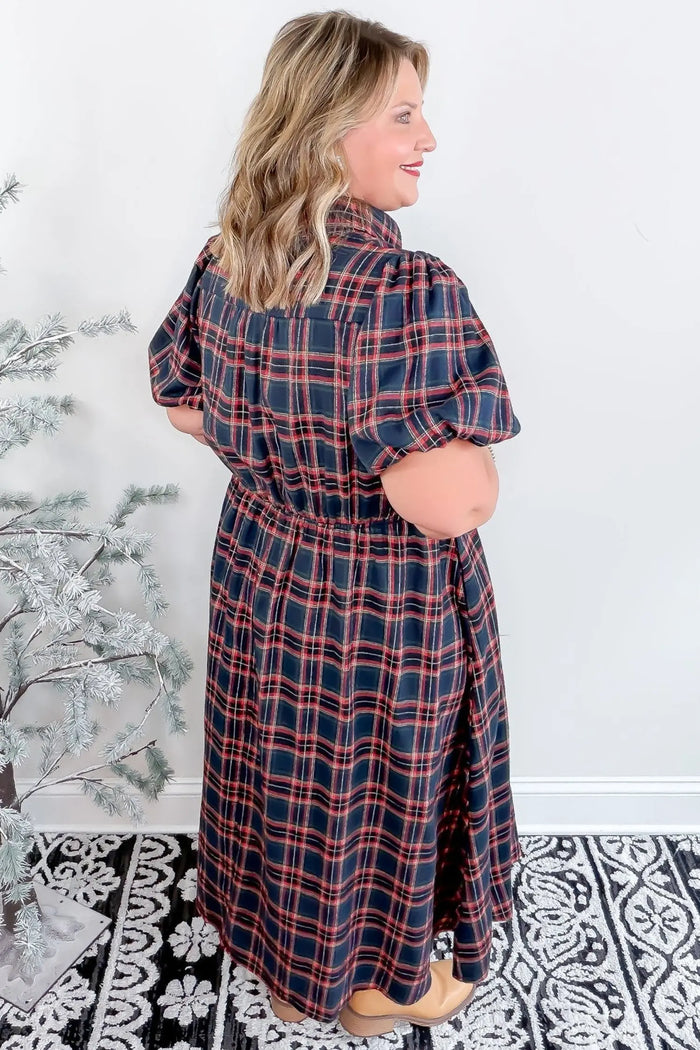 Plaid V Neck Belted Waist Short Sleeve Plus Size Dress – Black