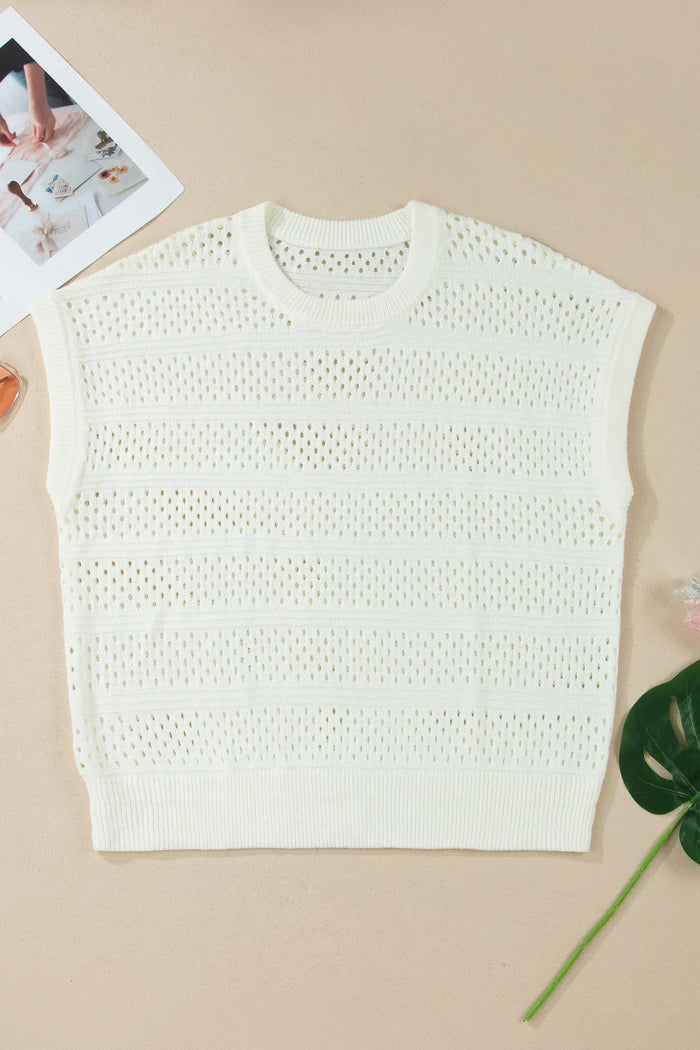Plus Size Eyelet Hollow-Out Knit Dolman Short Sleeve Sweater