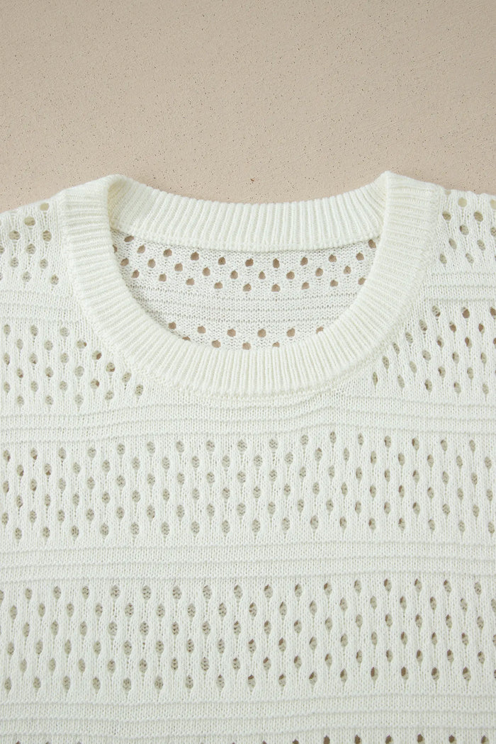 Plus Size Eyelet Hollow-Out Knit Dolman Short Sleeve Sweater