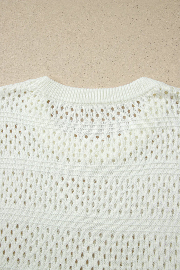 Plus Size Eyelet Hollow-Out Knit Dolman Short Sleeve Sweater