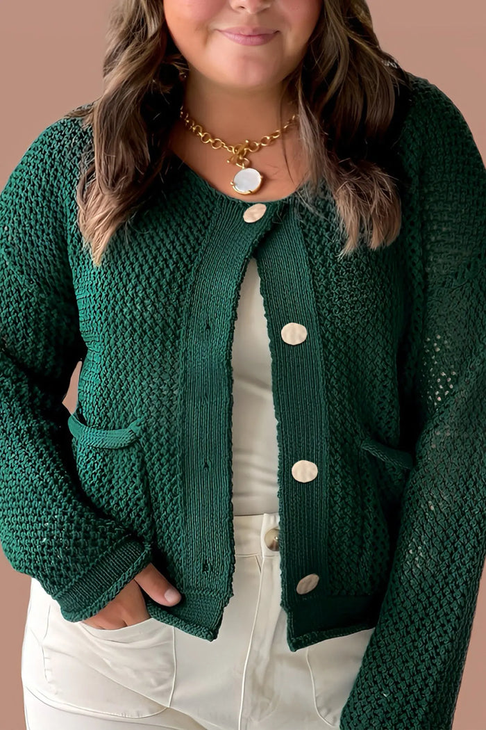 Plus Size Golden Accent Buttons Short Sweater Cardigan - Green / 1X - Size/Plus Sweaters & Cardigans