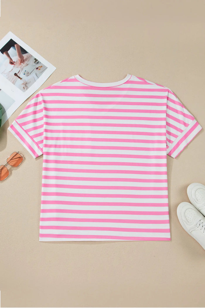 Plus Size Stripe Colourblock Patched Pocket V-Neck Tee