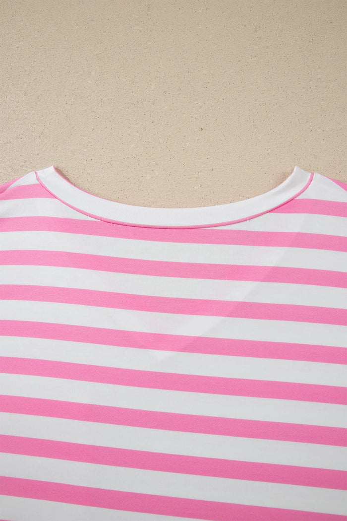 Plus Size Stripe Colourblock Patched Pocket V-Neck Tee