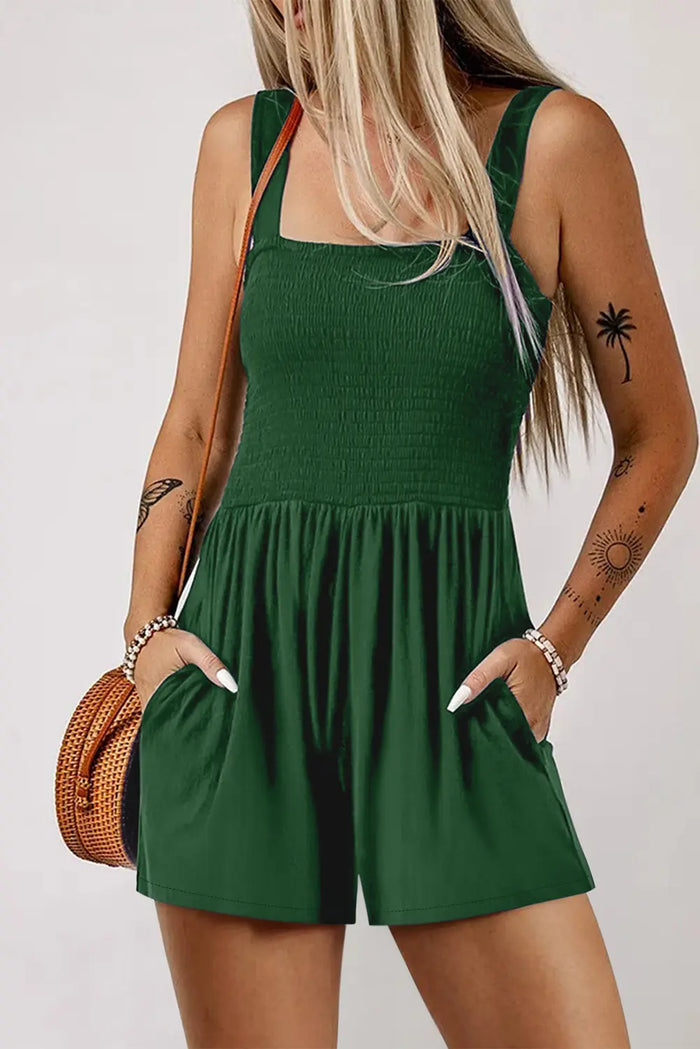Pocketed Smocked Sleeveless Romper – Green & Ginger