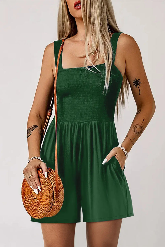 Pocketed Smocked Sleeveless Romper – Green & Ginger