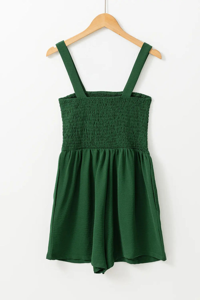 Pocketed Smocked Sleeveless Romper – Green & Ginger