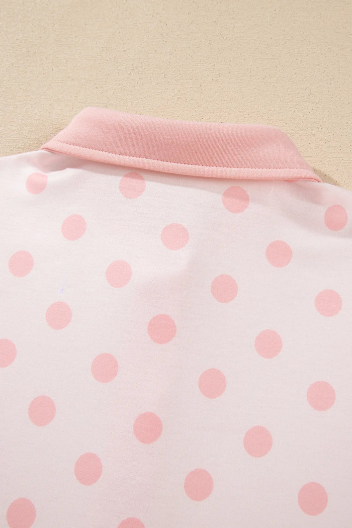 Polka Dot Drop Shoulder Polo Loose Pullover Patch Pocket Casual Shorts Set – Pink