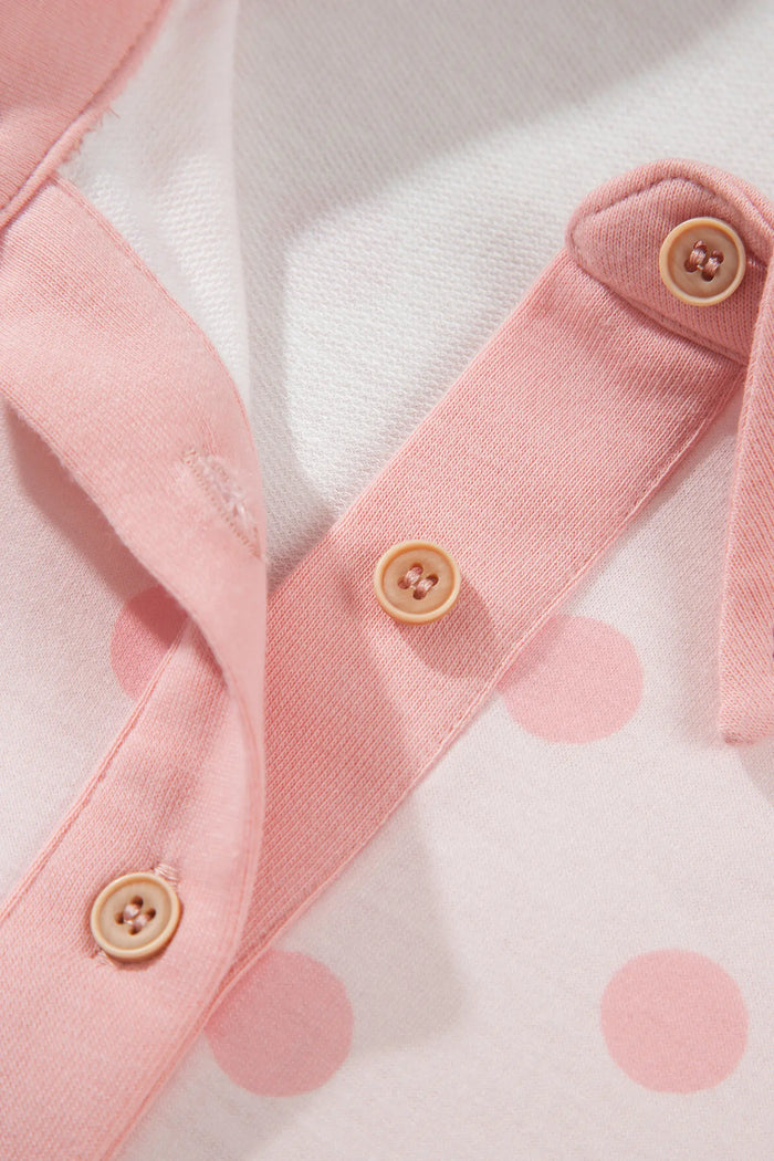 Polka Dot Drop Shoulder Polo Loose Pullover Patch Pocket Casual Shorts Set – Pink