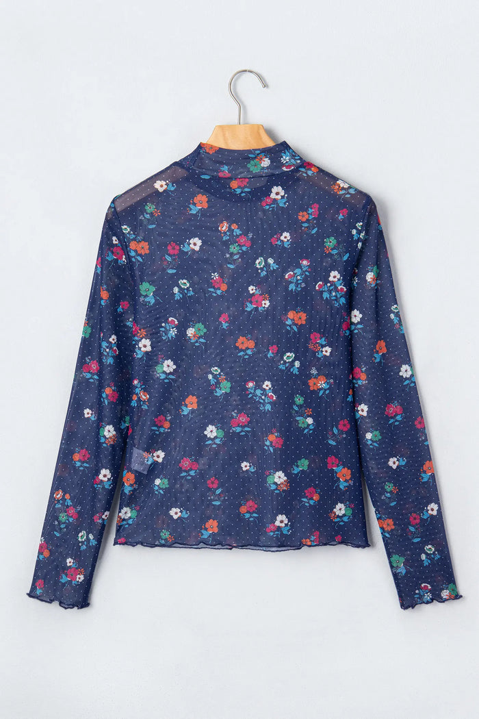 Polka Dot Floral Mesh Long Sleeve High Neck Pullover Sheath Top – Blue