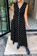 Polka Dot Print Contrast Trim V-Neck Zip Up Sleeveless Dress