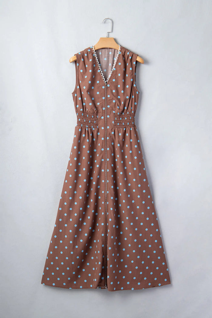 Polka Dot Print Contrast Trim V-Neck Zip Up Sleeveless Dress
