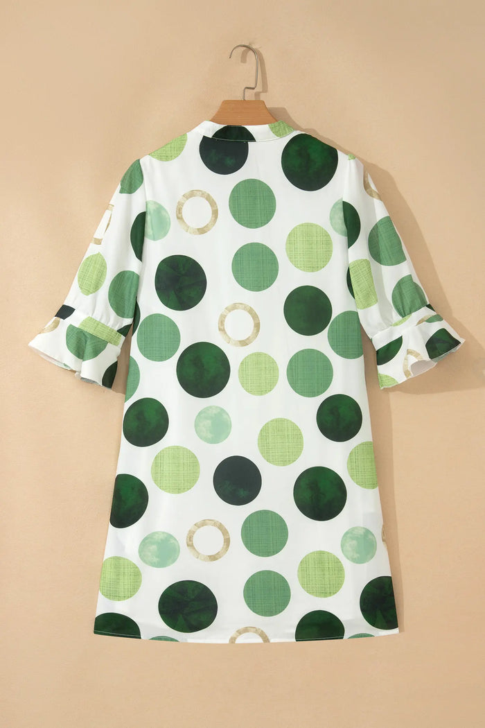 Polka Dot Print Flounced Half Sleeve Casual Vacation Style Mini Dress – Green