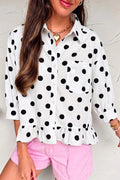 Polka Dot Print Three Quarter Sleeve Ruffle Hem Casual Shirt – Khaki