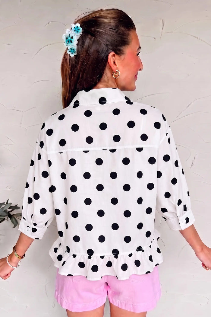 Polka Dot Print Three Quarter Sleeve Ruffle Hem Casual Shirt – Khaki