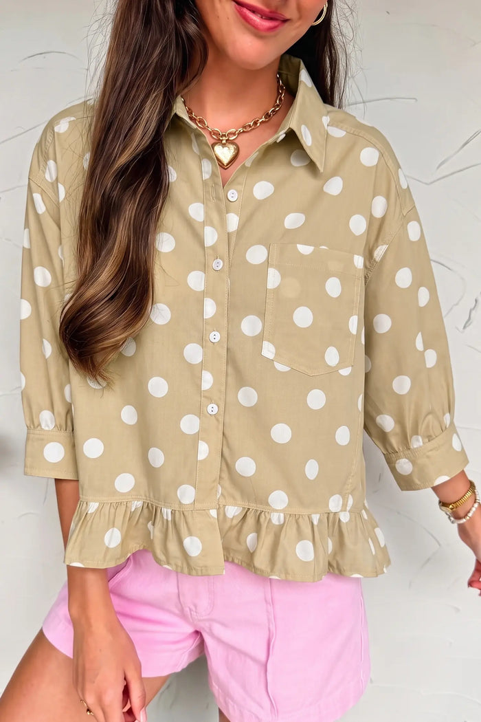 Polka Dot Print Three Quarter Sleeve Ruffle Hem Casual Shirt – Khaki