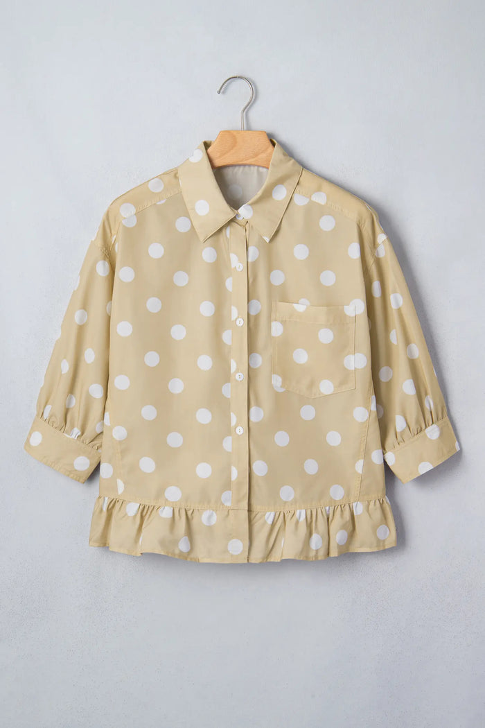 Polka Dot Print Three Quarter Sleeve Ruffle Hem Casual Shirt – Khaki