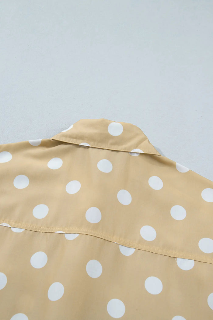 Polka Dot Print Three Quarter Sleeve Ruffle Hem Casual Shirt – Khaki
