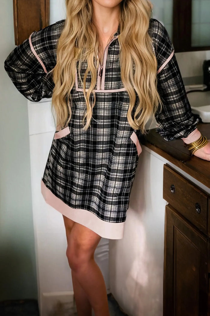 Polo Collar Zip up Contrast Trim Shift Long Sleeve Mini Dress - Dresses/Mini Dresses