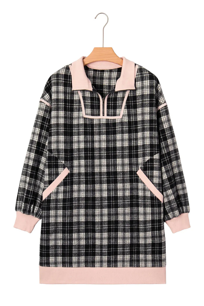 Polo Collar Zip up Contrast Trim Shift Long Sleeve Mini Dress - Dresses/Mini Dresses