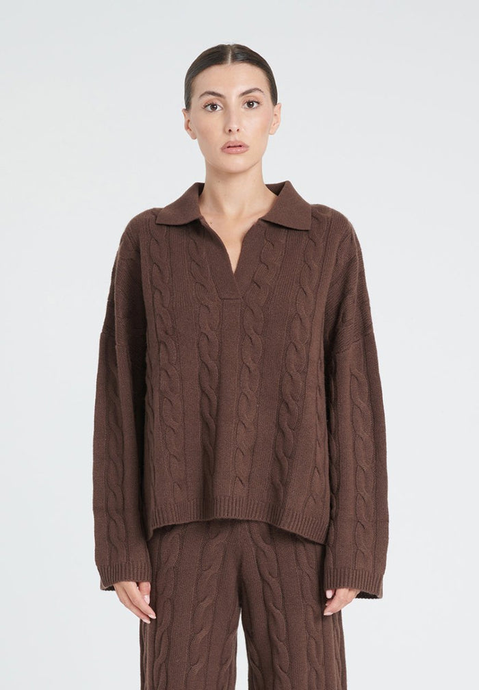 ZAYA 5 Polo à maille torsadée en cachemire 6 fils marron