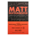 Concert poster features a grayscale building background with bold orange "Matt Nathanson" text. Announces Postcards (From Chicago) album release party and two shows on July 26 in Evanston, IL. Brand: Matt Nathanson.