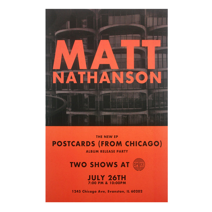 Concert poster features a grayscale building background with bold orange "Matt Nathanson" text. Announces Postcards (From Chicago) album release party and two shows on July 26 in Evanston, IL. Brand: Matt Nathanson.