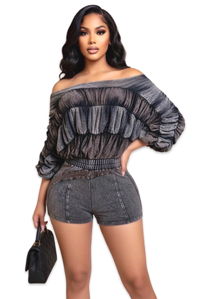 Pressure Creates Diamonds - Off Shoulder Burn Out Stretch Short Romper