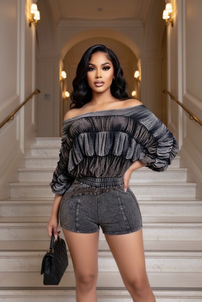 Pressure Creates Diamonds - Off Shoulder Burn Out Stretch Short Romper
